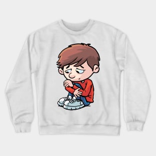 sad and depressed boy sits curled up on the ground Crewneck Sweatshirt